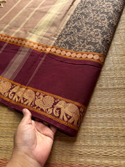 RF561 Premium & Exclusive Vanasingaram Kanchi Cotton saree ~ Biscuit with brown