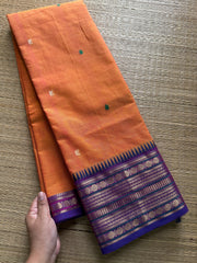 RF387 Dual tone mango shade and contrast violet border Kanchi cotton saree with handmade thread buttas