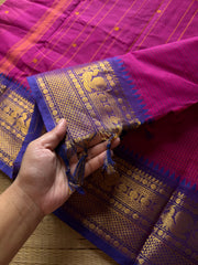 RF1294 Magenta pink shade Kanchi cotton saree with Podikattam / small checks pattern & handmade thread buttas