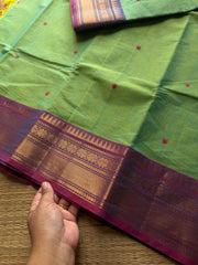 RF544 Dual tone Apple green shade with light purple combination Kanchi cotton saree with handmade thread buttas