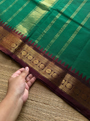 RF1205 Small border Kanchi cotton saree ~ green with brown