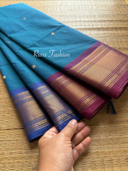 Peacock blue shade Kanchi cotton saree with Ganga Jamuna borders