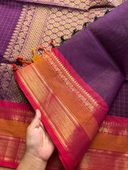 RF66 Purple shade Premium Kanchi Cotton saree with checks pattern & With Rich Zari woven Pallu