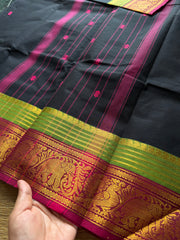 RF494 Black Kanchi Cotton Saree With Contrast Green & Pink combination Annam and elephant pattern border & handmade thread buttas