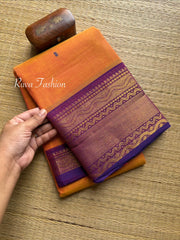 RF88 Dual tone orange shade with contrast Purple border kanchi cotton saree with Handmade Thread Buttas