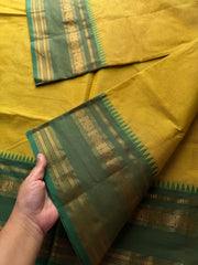 RF531 Light mustard yellow with green combination Kanchi cotton saree