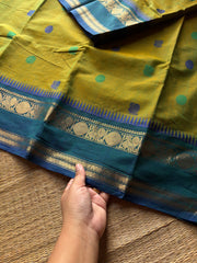 RF1394 Dual tone green ~ Premium Rich Pallu Kanchi cotton saree with Annam pattern gap border