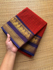 RF423 Rusty Red with deep royal blue combination Lakshadeepam / 1000 Buttas checks / Kattam pattern Kanchi cotton saree