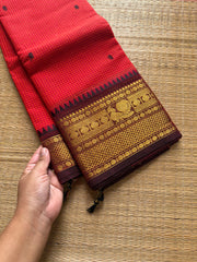 Rustic red shade Podikattam / small checks Kanchi cotton saree with handmade thread buttas