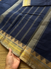 RF505 Navy blue with grey combination small border Thazhampoo pattern Kanchi cotton saree
