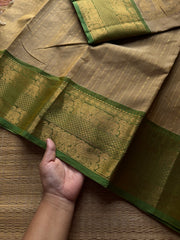 RF1384 Premium Rich Pallu Kanchi cotton saree with Vairaoosi weaving & Yazhi pattern pattern ~ Beige with green