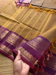 RF372 Dual tone metallic honey shade Kanchi cotton saree with contrast purple mango and floral pattern border & handmade Buttas
