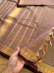 RF162 Biscuit shade Vaira Oosi pattern Kanchi cotton saree small contrast brown shade mango Zari border