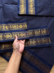 RF552 Kanchi Kattam : Monotone navy blue shade with checks / Kattam pattern saree