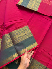 RF160 Red & magenta pink dual mixed shade Kanchi cotton saree with contrast golden Zari border
