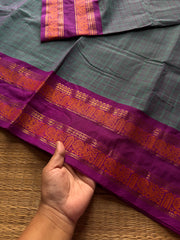 RF1249 Vintage Kattam ~ Greyish ice blue Premium Kanchi Cotton Saree with Minimal Zari & checks pattern