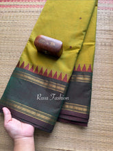 RF75 Dual tone green shade vintage border Kanchi cotton saree with hand made thread buttas