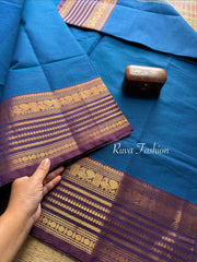 RF78 Dark blue Shade with contrast purple Varisaipet border Kanchi cotton saree