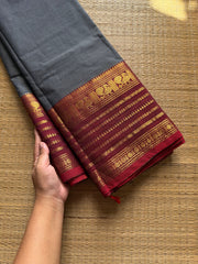 RF1081 Grey with maroon combination Kanchi cotton saree