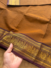 RF153 Coffee shade with contrast dark brown medium size golden Zari border with Annam pattern