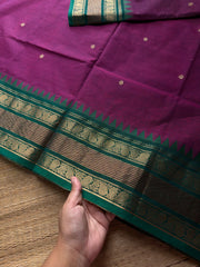 RF801 Magenta pink with green combination Kanchi cotton saree with handmade thread buttas