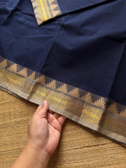 RF505 Navy blue with grey combination small border Thazhampoo pattern Kanchi cotton saree
