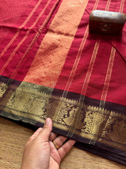 RF197 Maroon shade with contrast brown combination traditional Korvai style border Kanchi cotton saree with vaira Oosi pattern