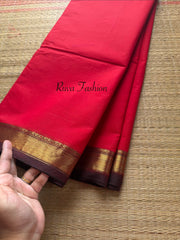 RF105 Red with brown combination small Zari border Kanchi cotton saree