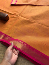 Mango shade with pink combination small border Kanchi cotton saree with handmade golden Zari Buttas