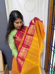 RF1244 Silk saree inspired Kanchi cotton saree ~ Mango shade with pink