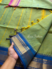 Dual tone Turquoise green shade Kanchi cotton saree with Ganga Jamuna border & handmade thread buttas