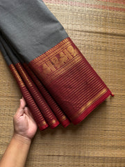 RF1165 Grey with Reddish Maroon / long border Kanchi cotton saree ~ Silk Saree Inspired