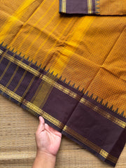 RF720 Vintage edition ~ Mustard yellow with brown Kanchi cotton saree with podi kattam / small checks pattern