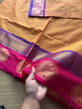 RF477 Mango shade Kattam / checks pattern Kanchi cotton saree with unique Annam pattern border