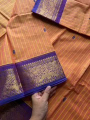 RF359 Dual tone Mango shade with purple combination Kanchi cotton saree with Vanasingaram pattern border & handmade golden Zari Buttas