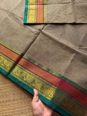 RF473 Grey Kanchi cotton saree with horizontal small stripped pattern and unique multi color peacock pattern Zari border