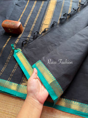 RF84 Black with blue combination small zari border Kanchi cotton saree