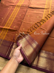 Dark Honey Shade With Brown border combination Kanchi cotton saree with handmade thread buttas