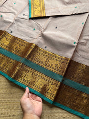 RF412 Dual tone cream shade with green combination Kanchi cotton saree with handmade thread buttas