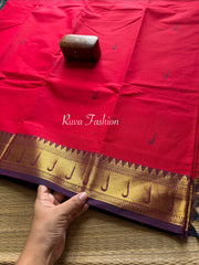 RF49 Reddish Maroon with dark purple shade paithani border Kanchi cotton saree with handmade thread buttas