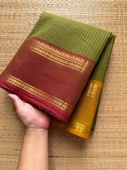 RF625 Pastel Methi Green shade Ganga Jamuna border Kanchi cotton saree with fully golden Vaira Oosi pattern