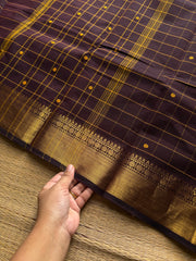 RF1036 Monotone Deep Coffee Brown ~ Kanchi Cotton Kattam / Checks pattern saree with handmade thread buttas