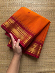 RF381 Orange with contrast maroon combination small border Kanchi cotton saree with handmade thread buttas