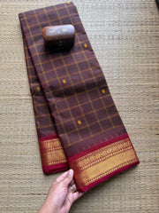 Maroon Shade Checks / Kattam Pattern Kanchi Cotton Saree