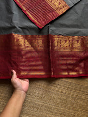 RF1165 Grey with Reddish Maroon / long border Kanchi cotton saree ~ Silk Saree Inspired