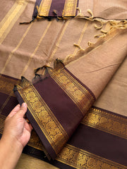 RF245 Biscuit shade with brown combination silk saree inspired Kanchi cotton Rettapet border saree with Annam pattern