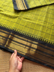 RF642 Green with black Kanchi cotton Kattam / checks pattern saree with hand made Zari butta