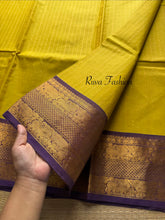 Yellow with Purple shade Premium Kanchi Cotton saree With Vaira Oosi pattern and intricate Rich Zari woven Pallu