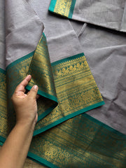 RF1121 Light grey with teal green ~ Kanchi Cotton Saree
