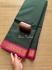RF70 Bottle green shade with pink contrast small Zari border Kanchi cotton saree
